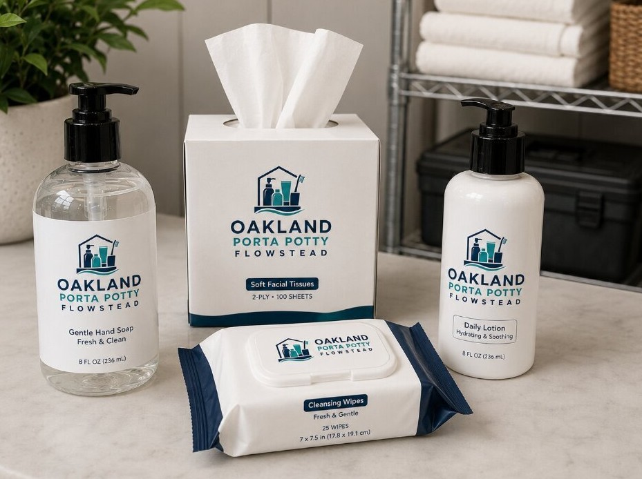 Oakland Porta Potty Flowstead branded hand soap, facial tissues, daily lotion and cleansing wipes on a counter